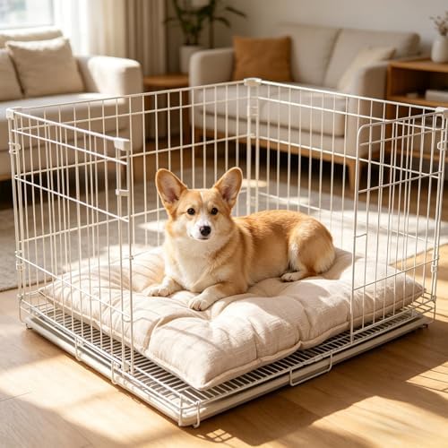Chew Proof Dog Bed for Crate, Indestructible Durable Kennel Mat with Reinforced Corners, Large Washable Chew Resistant Pet Pad for Small Chewers (Beige, 29"×23")