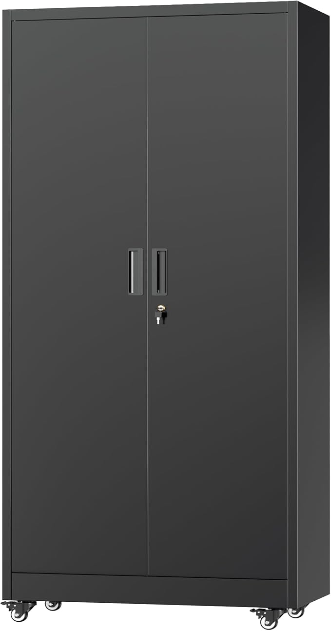 Greenvelly Metal Garage Storage Cabinet with 4 Swivel Wheels, 73" Black Storage Cabinet on Wheels, Rolling Tool Cabinet with Locking Doors and Shelves for Garage, Basement, Home, Warehouse