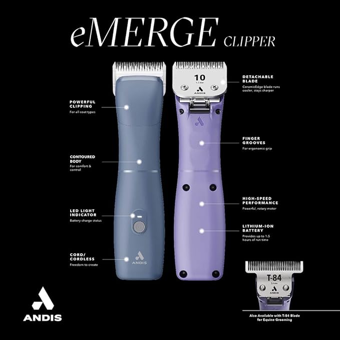 Andis Emerge Lithium-ion Cordless Detachable Blade Dog Clipper, for All Coats & Breeds, Blue, 560486