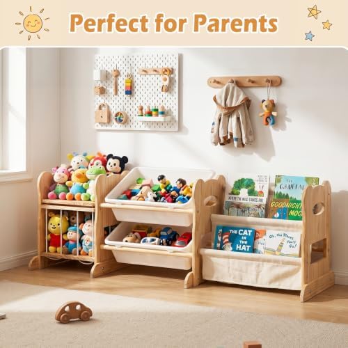 Toy Storage Organizer with 2 Shelves, 2 Bins and Stuffed Animal Storage, Playroom Toy Organizer Cabinet for Bedroom Decor, 46.3'' L