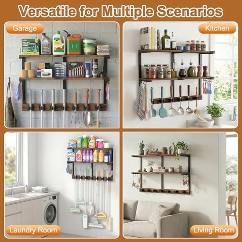 Housolution Wall Mount Broom Holder Hanger Laundry Room Storage Shelves | 2 Tier Large Capacity, Thickened Metal Frame, 100 LBS High Load-Bearing, Multifunctional with 7 Grippers & 8 Hooks