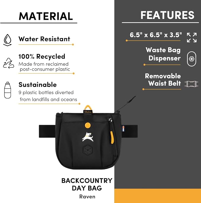 OllyDog Backcountry Day Bag | Hands-Free Dog Training Treat Pouch | Fanny/Hip Pack with Zipper Closure & Built-in Poop Bag Dispenser | Removable Waist Clip (Raven S'25)