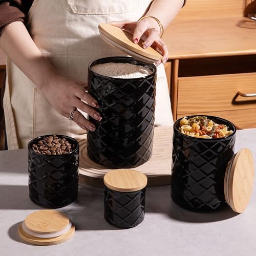 Sweejar Ceramic Canisters Sets for Kitchen Countertop, Relief Food Storage Jar with Bamboo Lid, Stackable Container for Flour, Coffee, Pasta, Cereal, Tea, Cookies, Sugar, Spices, Pack of 4 (Black)