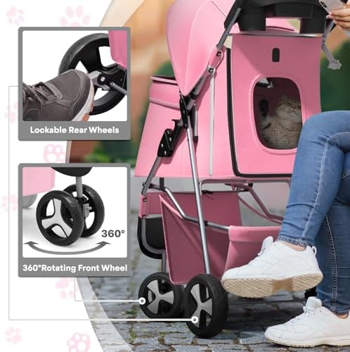 Foldable 3-Wheel Pet Stroller for Small/Medium Dogs & Cats, Pink | Storage Basket & Cup Holder, Breathable Mesh Cover, Lightweight and Durable, for Small to Medium Pets, up to 33 lbs