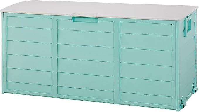 75 Gallon Green Outdoor Storage Box with Wheels, Waterproof Resin Deck Box for Patio Cushions & Garden Tools, Rolling Garden Storage Bin, Weather Resistant Trunk