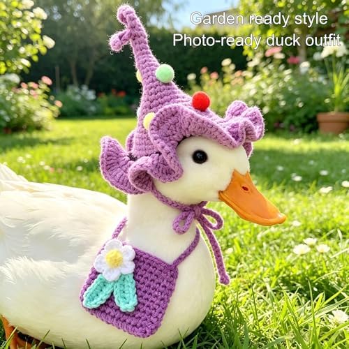 Handmade Crochet Hat & Bib Set for Call Duck - Soft Adjustable Knit Outfit with Flower Decoration, Cute Clothes for Pet Duck, Photo Prop & Daily Wear, Purple