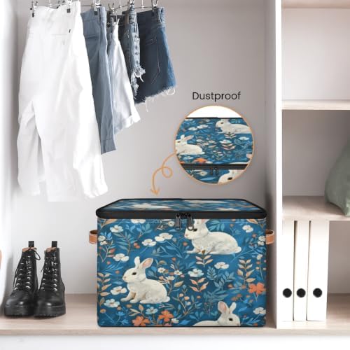 Rabbit Easter Storage Box with Zipper Lid | Collapsible, Fabric, Storage Bin, Handle, Large, Closet Organizer, Containers, Bedroom, Home, Spring Bunny Flowers