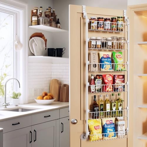 Delamu Over the Door Pantry Organizer, 6-Tier Pantry Organizers and Storage, Metal Cabinet Door Organizer, Hanging Spice Rack Shelves for Home & Kitchen, D5 x W18 x H50 inch, White