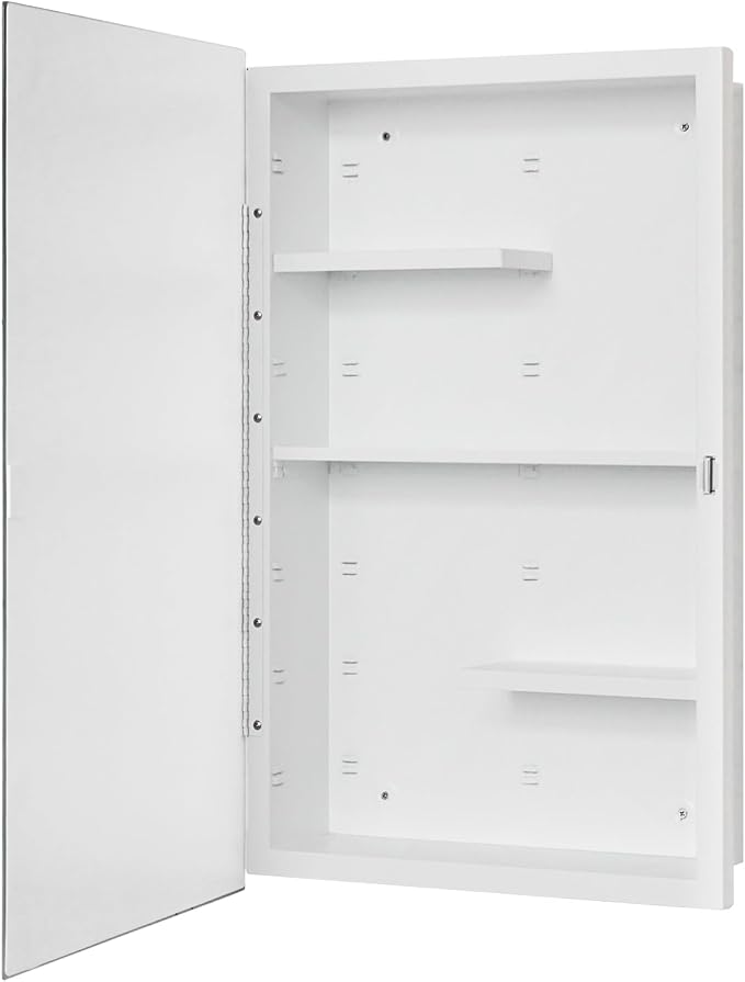White 16x26 Medicine Cabinet, Beveled Mirror & Adjustable Staggered Shelves | Recessed or Surface Mount Bathroom Cabinet with Adjustable Staggered Shelves, Piano Hinge, Left/Right Swing & Fully Assembled