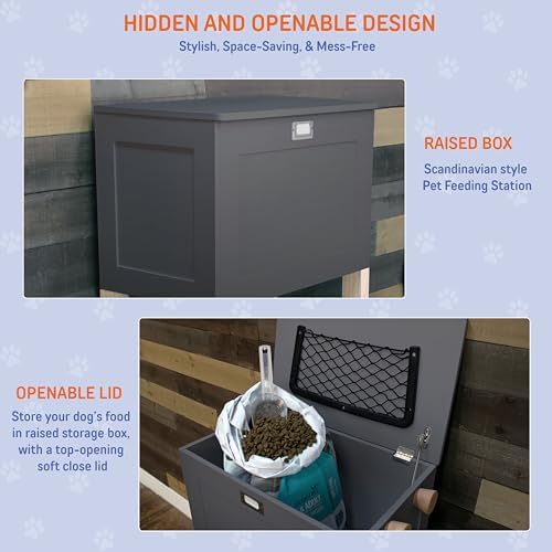 Zoovilla Raised Pet Feeder Station with Soft-Close Lid, 7" Angled Bowls – Waterproof Wooden Dog Storage Organizer for Large & Small Dogs – Modern Design (Gray)