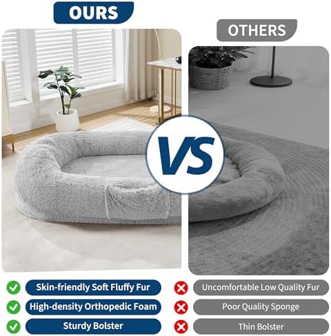 Human Dog Bed for Adults and Pets, Giant Orthopedic Memory Foam Napping Bed with Washable Fluffy Faux Fur, Oversized Bean Bag Dog Bed with Side Pocket & Carry Strap for Living Room & Bedroom