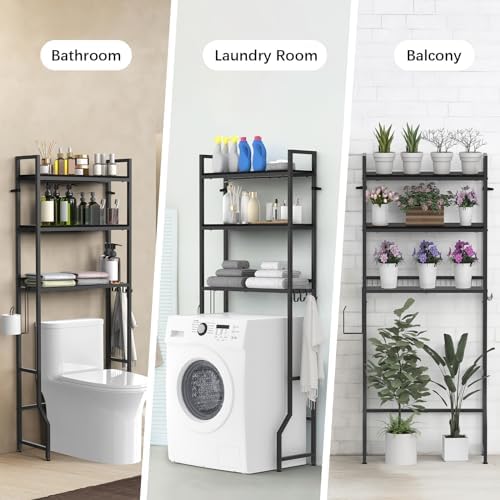Over The Toilet Storage 3 Tier Over Toilet Bathroom Organizer | Over the Toilet Storage Cabinet, Freestanding Above Toilet Stand, with Paper Holder and 4 Hooks, Space-Saving, Black