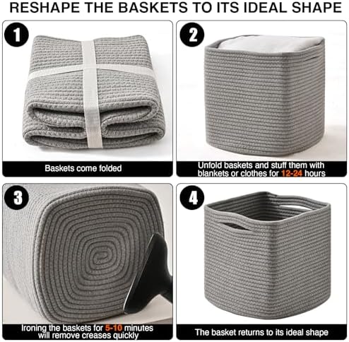 ICERZCZ 13 Inch Cube Closet Storage Bins, Woven Cotton Rope Organizer Baskets for Organizing & Shelves, Books, Towels, Clothes, Toys, 13x13x13 in, Grey (Pack of 3)