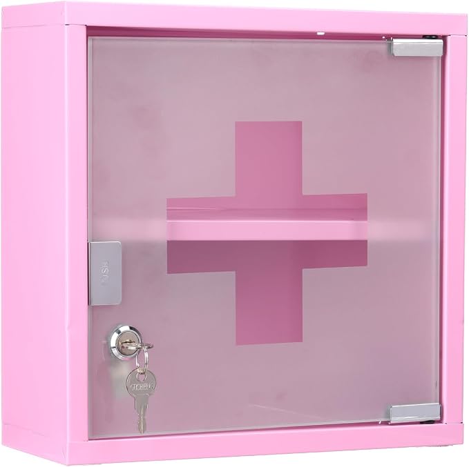 Timgle First Aid Wall Cabinet with Lock Medicine Wall Mounted Bathroom Storage Hanging Medical Cabinet with Safety Glass Door for Bathroom (2 Shelves,Pink)