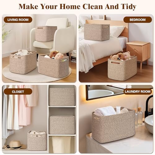 Storage Baskets for Organizing, 4 Pack Baskets for Shelves, Decorative Storage Bins for Shelves, Cotton Rope Storage Basket with Handles, Woven Basket for Storage, 13''Lx8.7''Wx7.9''H, Brown