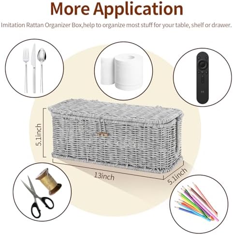 Cable Management Box, Desk Handwoven Rattan Cord Hider Cable Organizer Box With Lid Button Lock, Power Strip Cover Wicker Decorative Basket, Floor Wire Hiding Extension Cord Box (grey)