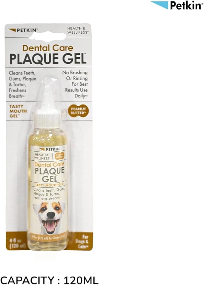 Petkin Plaque Remover Gel, Peanut Butter – Cleans Teeth and Gums, Removes Plaque and Tartar - Freshens Breath and Whitens Teeth with Baking Soda - Ideal for Daily Use, No Brushing or Rinsing - 4 fl oz