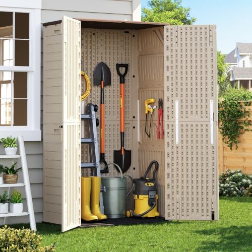 Tall Vertical Storage Cabinet with Floor & Lockable Double Doors, 61 Cuft Weather-Resistant Thickened Outdoor Resin Storage Shed for Patio, Garden and Garage, Khaki