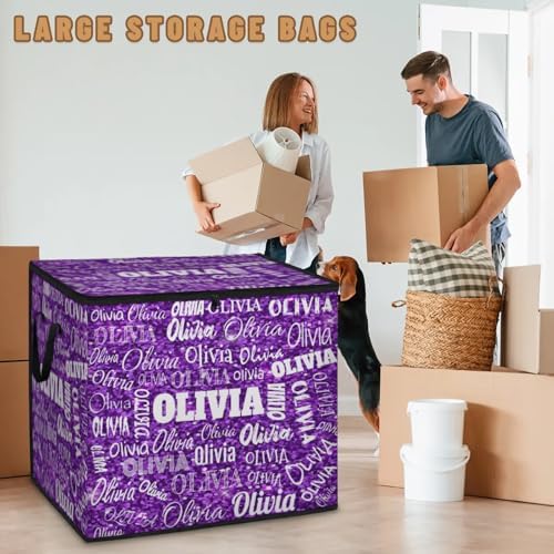 Personalized Extra Storage Bins with Lid, Customized Name Jumbo Storage Basket Rectangle Clothes Organizer for Organizing Kids and Pets Toys Shelf Closet, Bright Sequins Glittering