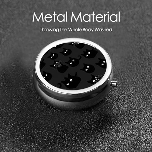 Travel Pill Organizer, Small Round Case with Mirror, Portable Pill Box for Fish Oil Vitamins, Pocket Purse Carry for Commuters, Black Cat