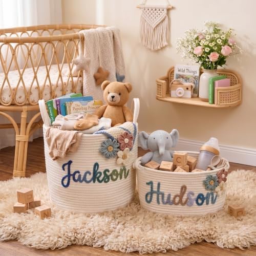 Personalized Baby Basket with Name, Custom Cotton Rope Nursery Storage Basket, Handmade Yarn Name Basket with Optional Crochet Icons, Baby Shower Basket Gift, Toy Organizer for Boys and Girls