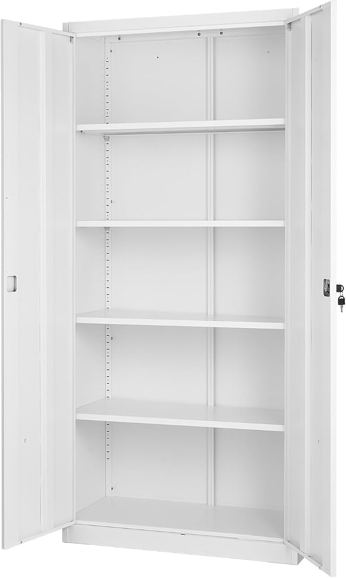 VEVOR Metal Storage Cabinet, Lockable Steel Garage Cabinet with Adjustable Shelves, 2 Magnetic Doors, 2 Keys, 5-Tiers Tool Storage Locker for Home, Office, School, Warehouse, Basement, Laundry, White
