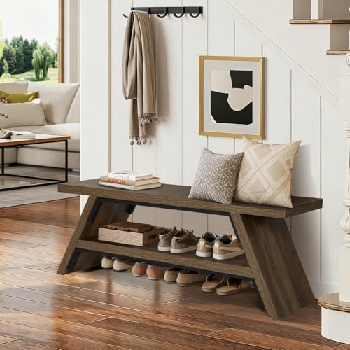 2-Tier Shoe Storage Bench, Solid Wood Entryway Stool Storage | Narrow Shoes Racks for Entryway, Minimalist Multi-Purpose Bench for Hallway, Kitchen, Bedroom, or Dining Room