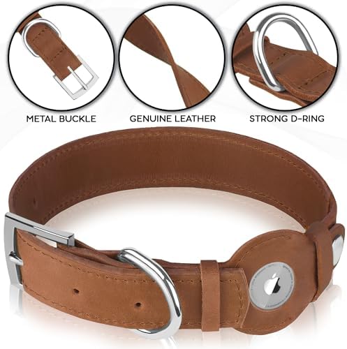 Leather Dog Collar with Airtag Holder - Apple Air Tag Dog Collars - Soft Tracking GPS Pet Collar for Small Medium Large Dogs Breed Puppy (Brown, L, 15"-19" Neck Fit)