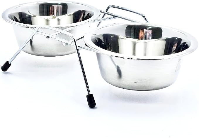 Pet Bowls for Dogs and Cats, with 2 Bowls, Iron Stand Base, Double Bowl Stand, Two Steel Removable (7oz)
