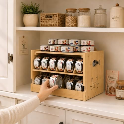 ETELI Cat Food Can Organizer for Pantry 2 Tier Stackable Cat Food Storage Container Adjustable Can Dispenser Rack Holds 36 (3oz) Cans for Kitchen Countertop Cabinet