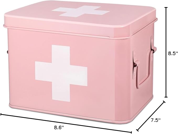 Flexzion Large Metal First Aid Box Empty, 8.5-Inch, Pink with White Cross | Vintage Medicine Box and First Aid Storage Organizer with Removable Tray and Dividers; Empty Box Only, Supplies Not Included