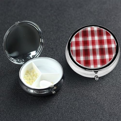 Pill Box 3 Compartment Medicine Pill Case for Pocket or Purse Mini Metal Pillcase Red Plaid Pill Holder Vitamin Organizer Portable Travel Pills Container to Hold Supplements Vitamins