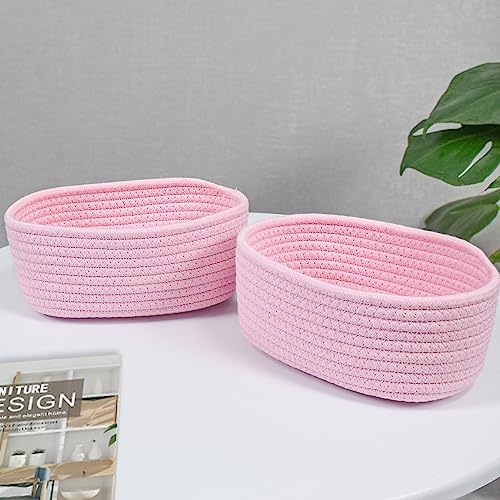【2 Pack】ABenkle Small Woven Baskets, Tiny Oval Shallow Storage Baskets, Mini Cotton Rope Empty Decorative Basket, Boho Little Organizer Bins for Bathroom, Cat Dog Toy Gifts Baskets