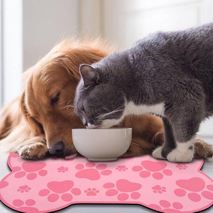 Dog Food Mats for Floors Waterproof, Pet Feeding Absorbent Water Bowl Mat Cat Placemats Pink Bone Shape 25.5 * 17 inch