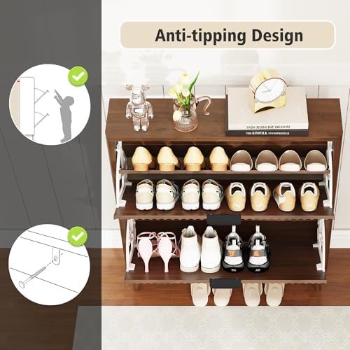 KIGOTY Narrow Shoe Storage Cabinet, Shoe Cabinet with 2 Flip Drawers, Freestanding Shoe Organizer with Legs for Entryway, Slim Shoe Rack Cabinet for Enterway (Walnut, 2 Flip Drawer)