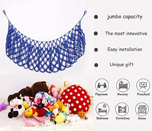 Stuffed animals net or hammock for wall hanging basket macrame toy storage mesh (Blue)
