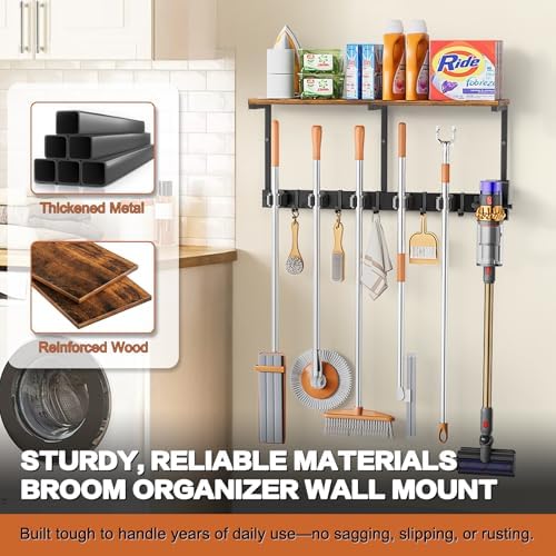 Broom Holder Wall Mount with Cleaning Supplies Organizer, Laundry Room Organization and Storage Shelves with Mop Hanger Rack Gripper Hooks, Utility Shelf Closet Organizer for Home Garage Kitchen