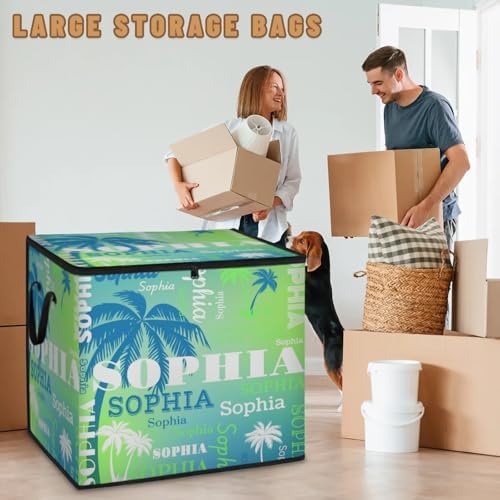 Personalized Name Large Storage Basket with Lid, Canvas Storage Bins Quilt Clothes Organizer for Bedroom, Kitchen, Bathroom, Nursery, Shelves, Closets, Blue White Trees Gradient Lime Yellow Blue