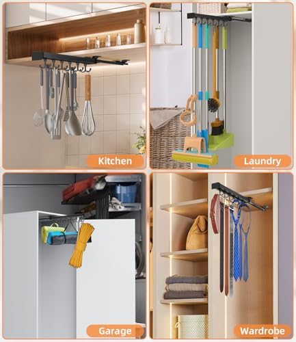 Pull Out Broom Holder With Adjustable Double Row Sliding Hook-Black 14.2IN | Multifunctional Slide Broom And Mop Storage/Organizer Garage Organization Hooks, for Closet Laundry Garage Kitchen