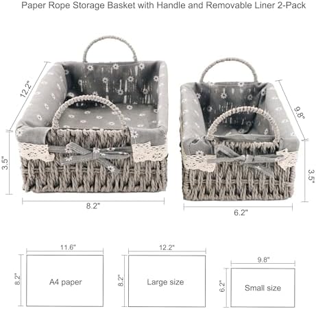 Set of 2 Paper Rope Storage Baskets with Handles & Liners