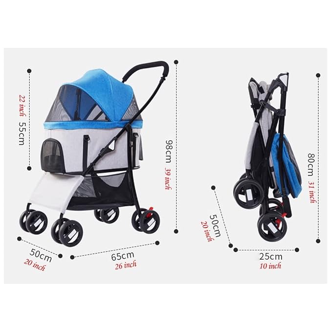 Pet Stroller Dog Stroller Foldable 3-in-1 Travel Cat Carriers & Strollers 4 Wheels Puppy Stroller with Storage Basket Portable Dog Stroller (Color : Blue)