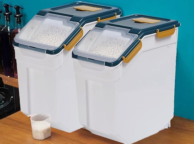 Saim 2Pack 50lb Flour & Rice Storage Container Bin, Dark Blue | BPA free plastic with seal lid, rolling wheels and measuring scoop for rice, flour, cereal and grain one-hand scooping