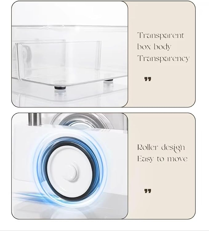 Rolling Clear Storage Box with Wheels (1 Piece) – Transparent Organizer Drawer for Kitchen, Bathroom, Pantry or Under Fridge – Adjustable Divider, Anti-Slip Base, Durable PET Plastic