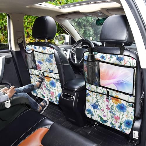 2 Pack Back Seat Car Organizer with Storage Pockets Kick Mats Back Seat Protector Hanging Car Organizer Automotive Seat Back Cover Organizers Watercolor Cornflower Daisy