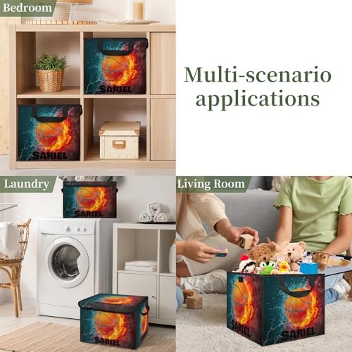 Basketball Storage Bin with Lid Personalized Storage Baskets for Organizing Foldable Closet Organizers with Handles,Cute Basket for Boys Girls for Clothes Blanket Pet Dog Toy Basket Storage (2 Pack)