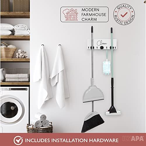 Ilyapa Wall Mount Broom Holder, White Wooden Mop Storage | 3 Pole Holders with 4 Hooks, Kitchen or Laundry Room Organizer