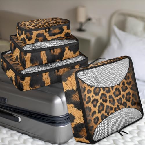 Leopard Print 4 Set Packing Cubes Luggage Organizer Bags for Travel Accessories and Essentials, Wild Safari Skin Pattern