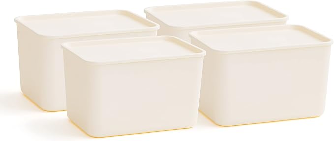 IRIS USA Storage Bins with Lids |Made in USA| Large (4-Pack) - Off White | Modern Basket Container Boxes for Bedroom, Living Room, Kitchen, Bathroom & Closet Organization