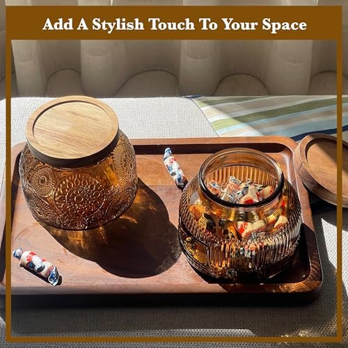 Decorative Amber Glass Jars with Airtight Wooden Lids 2 pack, 25.4 fl. oz | Wide mouth vintage storage canister, kitchen pantry bathroom organization, coffee sugar tea cookie candy candle vase gift