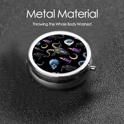 Travel Pill Case, Round Metal Organizer, Small Dispenser for Supplements, Pocket Purse Holder for Outdoor Adventures, Goth Raven Skull Goat
